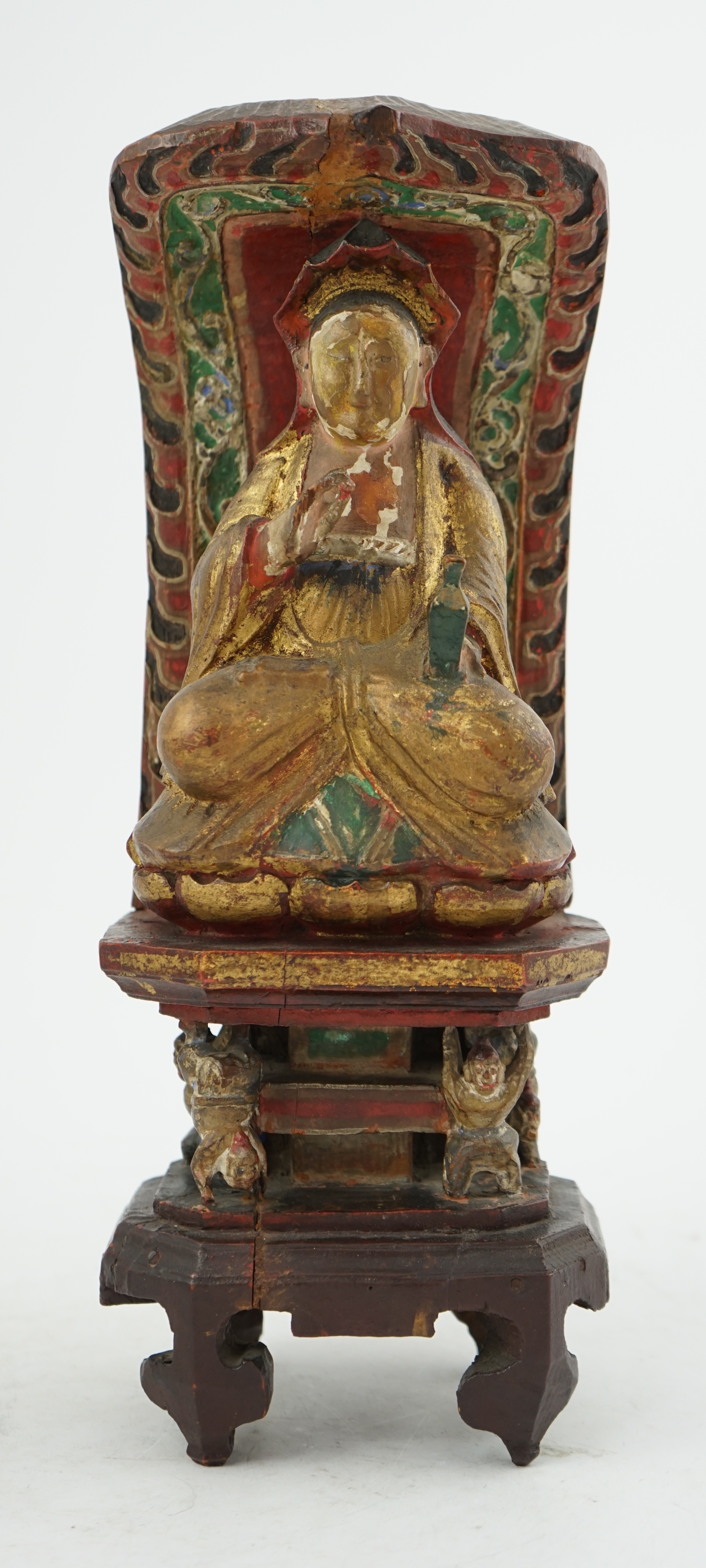 A Chinese polychrome and giltwood seated figure of Guanyin, Guangxu period inscription for the first year of his reign, c.1875